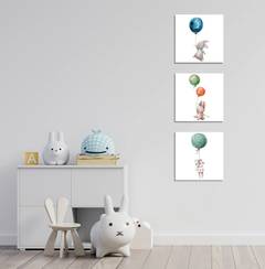 Surtido de 3 cuadros decorativos de acuarela animales y globos Floruit 30 x 30 cm Polialgodón Madera Multicolor
