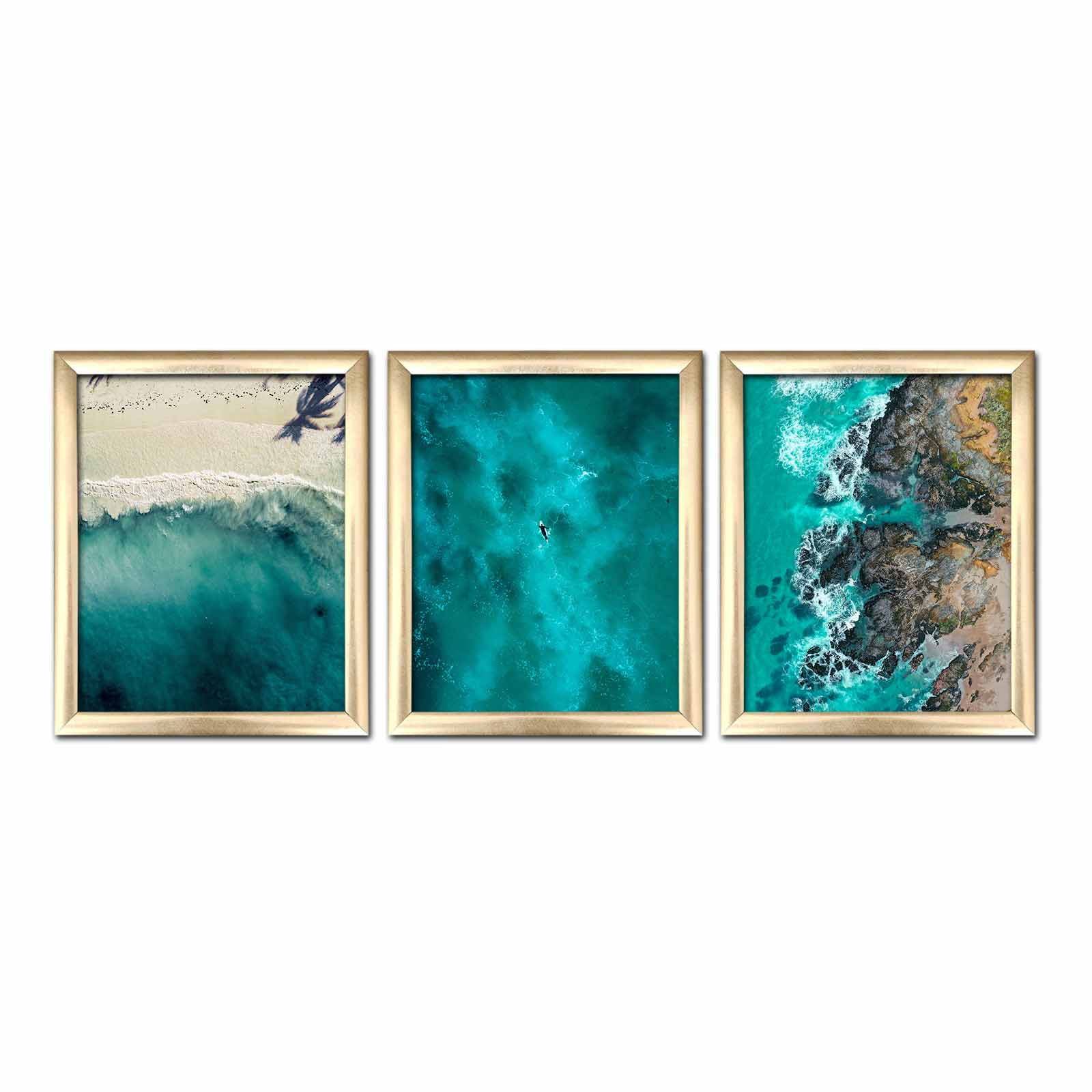 Lot de 3 tableaux encadrés en Or Pictor L76.5xH28,5cm Motif Paysages de vagues d