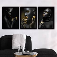 Lot de 3 tableaux encadrés Noir Eula L35xH45cm Motif Portrait femmes Or et Noir