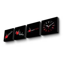 Set aus 3 Gemälden und 1 Nimus-Uhrengemälde 19x19cm Stadtliebesmotiv Schwarz, Rot und Weiß