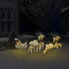 Set van 4 kerst rendieren met 100 LED Capella verlichte slee H64cm goud en warm witte lampjes