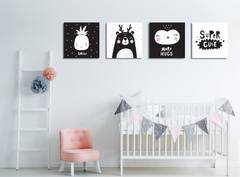 Set mit 4 dekorativen Nit-Gemälden, kindliche Tiere und Positivität, Schwarz und Weiß