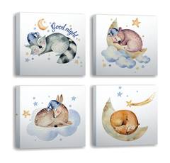 Set mit 4 dekorativen Nit-Gemälden von kindischen schlafenden Tieren