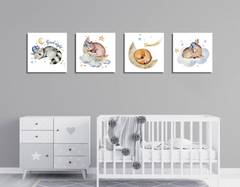 Set mit 4 dekorativen Nit-Gemälden von kindischen schlafenden Tieren