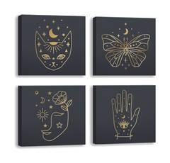Set mit 4 Nizrug-Gemälden 30x30cm Minimalistische Schwarz-Gold-Zeichnungen