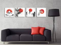 Lot de 4 tableaux Nizrug L30xH30cm Motif Nature asiatique Blanc, Noir et Rouge