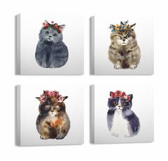 Surtido de 4 cuadros decorativos Pictura gatitos 30 x 30 cm Lienzo Polialgodón Madera Multicolor