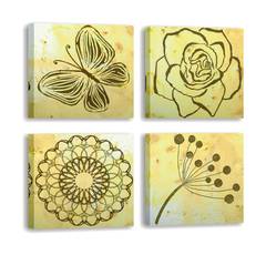 Set mit 4 Pictura-Gemälden 30 x 30 cm Braune und gelbe Blumen und Schmetterlingsmuster