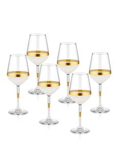 Juego de 6 copas de vino Katie 280ml cristal transparente con rayas blancas y doradas