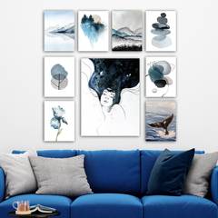 Lot de 9 tableaux Aranea L20xH15cm Motif Aquarelle abstrait Bleu et Gris