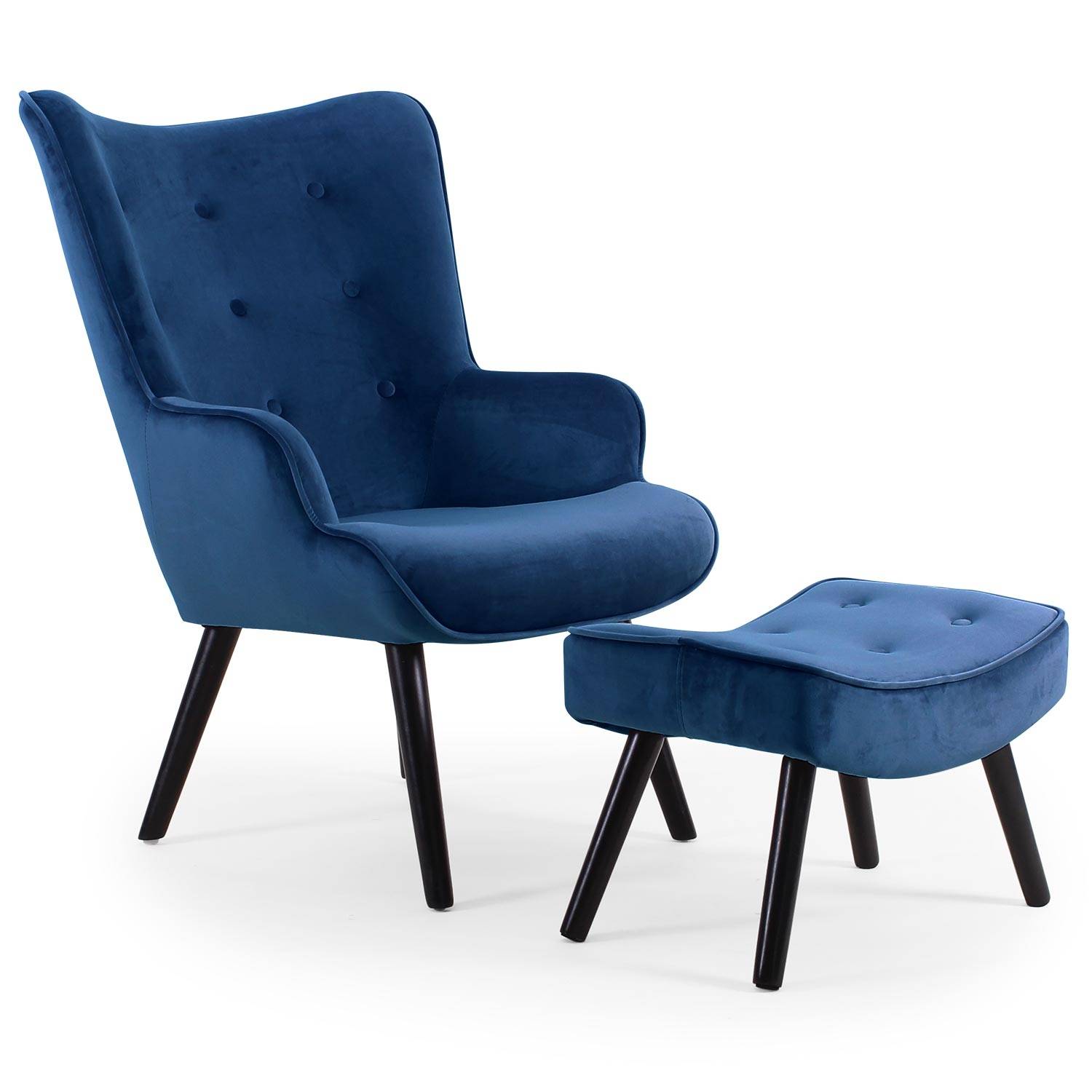 Vulgariteit bonen houten Scandinavische fauteuil + poef Lylou Blauw Velvet