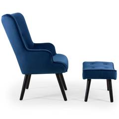Scandinavische fauteuil + poef Lylou Blauw Velvet
