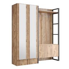 Alberka Mueble de pasillo de estilo industrial de 2 puertas con espejos Metal negro y roble claro