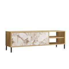 TV-Möbel mit 2 Regalen und 2 Klapptüren Consociatio Naturholz und Weiß mit Marmoreffekt