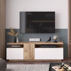 TV-Möbel mit 2 Regalen und 3 Flügeltüren Lemo Naturholz und Weiß