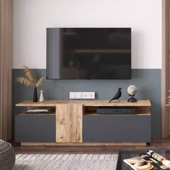 TV-Möbel mit 2 Regalen und 3 Flügeltüren Lemo Naturholz und Anthrazit