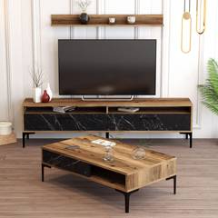 Varnus Conjunto de muebles de madera natural y efecto mármol negro y metal negro
