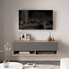 Mueble de TV de pared con 2 estantes y 2 puertas abatibles Halei 100cm Madera natural y antracita