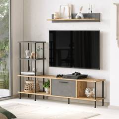 Soporte de TV de estilo industrial con estante empotrado y estante de pared Roraima Madera clara y metal gris y negro