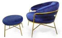 Nanty fauteuil van blauw fluweel + ottomaanse gouden voet