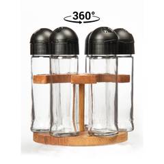 Organizador de 6 especias en tubos de 105 ml con soporte giratorio Verdouble Cristal transparente y madera maciza clara
