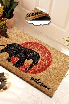 Alfombra Lagoon 40x60cm Fibra de coco natural rojo indio, "Welcome" y dibujo de elefante negro
