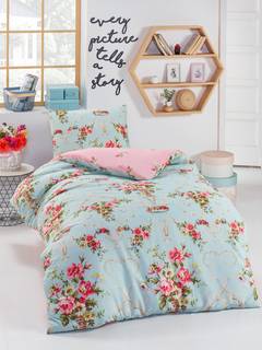 Juego de cama Antoinette 140x200cm con 1 funda de almohada 50x70cm Tela Motivo floral verde menta y rosa