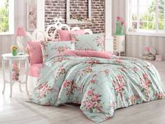 Juego de cama Antoinette 200x220cm con 2 fundas de almohada 50x70cm Tela Estampado floral verde menta y rosa