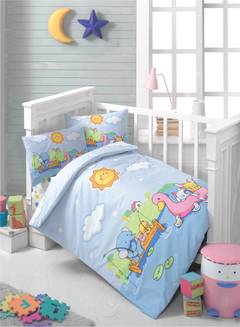 Parure de lit bébé 4 pièces Eget 100% Coton Renforcé Motif animaux en vacance Multicolore