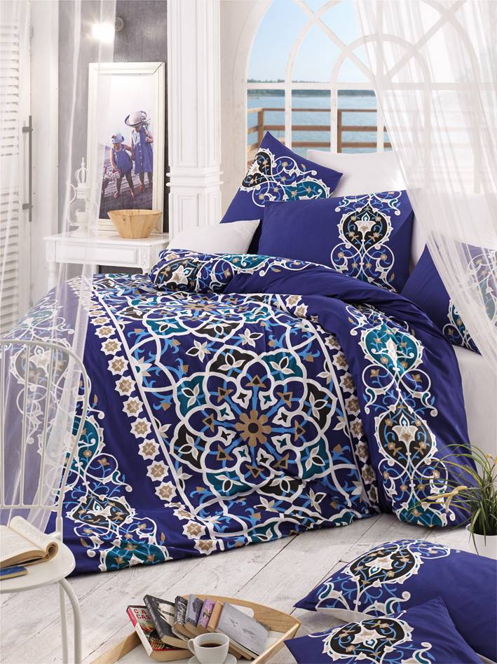 Parure de lit double 4 pièces Noctis 100% Coton Motif Persan Bleu et Multicolore