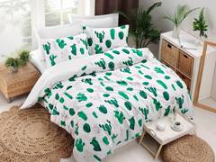 Parure de lit double 4 pièces Noctis Tissu Motifs Cactus Blanc et Vert