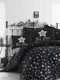 Parure de lit simple 3 pièces Noctis Tissu Motif Big star Noir et Blanc