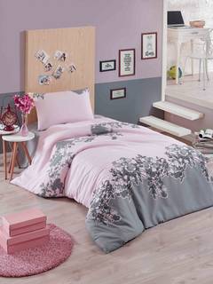 Noctis 3-delige set bedlinnen voor één persoon met gestreepte bloemensilhouetten Katoen Polyester Crème Poederroze Grijs