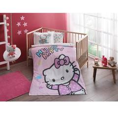 Parure de lit simple 4 pièces Noctis 100% Coton Motif Hello Kitty Multicolore