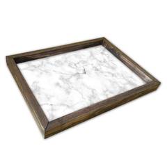 Plateau de table rectangle Caupona 30x40cm Pin massif foncé et Motif Effet marbre Blanc