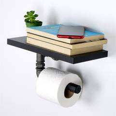 Toiletpapierhouder met planchet Suin L30cm Hout en Metaal Zwart