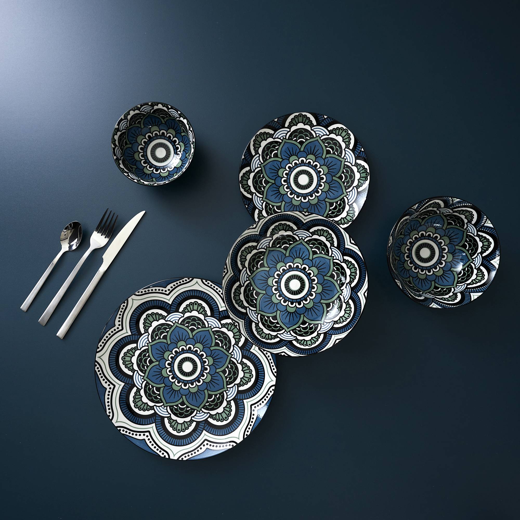 Service de table 18 pièces Amidi Porcelaine Motif Mandala Bleu