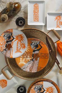 18-delig servies set Awi 100% porselein Afrikaans patroon Wit, bruin en oranje