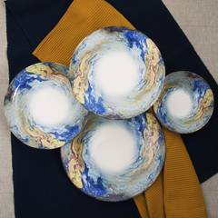 Service de table 24 pièces Alvara 100% Porcelaine Motif Abstrait Bleu, Jaune et Blanc