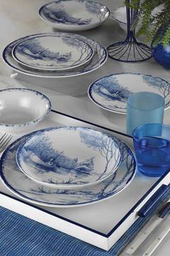 Service de table 24 pièces Noda 100% Porcelaine Motif Bateau sur rivière Bleu et Blanc
