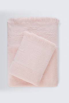 Handdoek medaillon borduurwerk franjes 50 x 90 cm 100 oton Poederroze