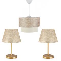 Conjunto de 2 lámparas de sobremesa y 1 lámpara de suspensión Takaro Metal blanco y alambre dorado motivo bordado