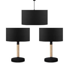 Set 2 lampes de table et 1 suspension Kamin Tissu Noir et Métal Beige et Noir
