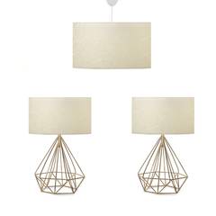 Set 2 lampes de table pied filaire diamant et 1 suspension Amaya Tissu Blanc et Métal Or antique