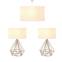 Set 2 lampes de table pied filaire diamant et 1 suspension Amaya Tissu Blanc Blanc créme et Métal Or antique
