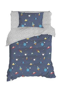 Noctis Juego de cama individual de 2 piezas con estampado de universo espacial Algodón Reforzado Azul Marino Blanco Azul Amarillo Naranja