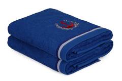 Set de 2 serviettes essuie-main broderies thème marin Anchora 50x90cm 100% Coton Bleu royal