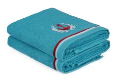 Set de 2 serviettes essuie-main broderies thème marin Anchora 50x90cm 100% Coton Turquoise