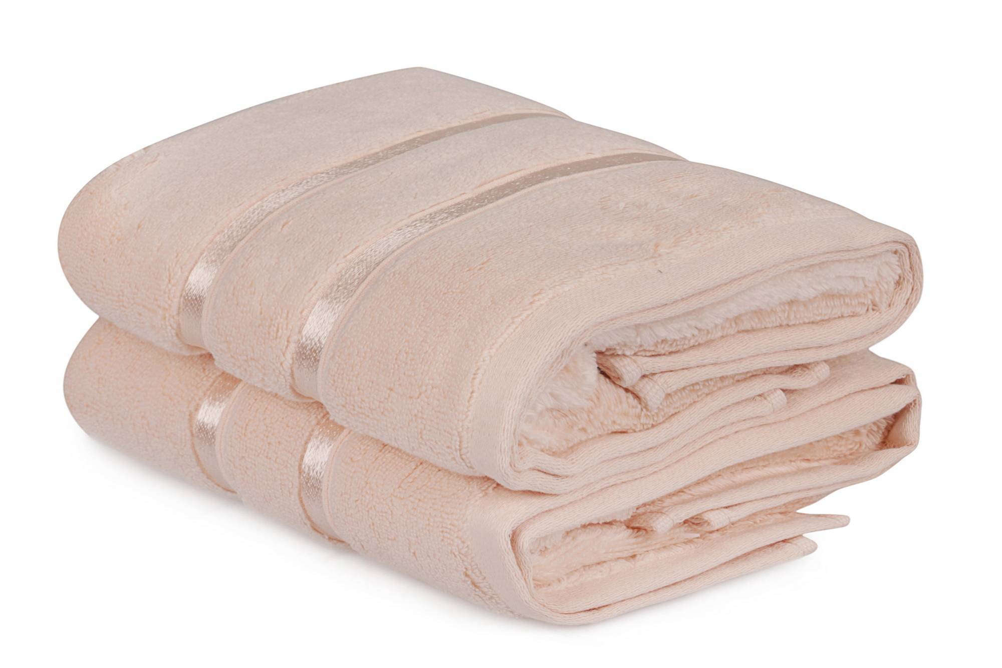 Set de 2 serviettes essuie-main deux liteaux texture pelucheuse Kallos 50x90cm 100% Micro Coton Saumon