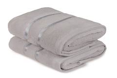 Set de 2 serviettes essuie-main deux liteaux texture pelucheuse Kallos 50x90cm 100% Micro Coton Bleu clair